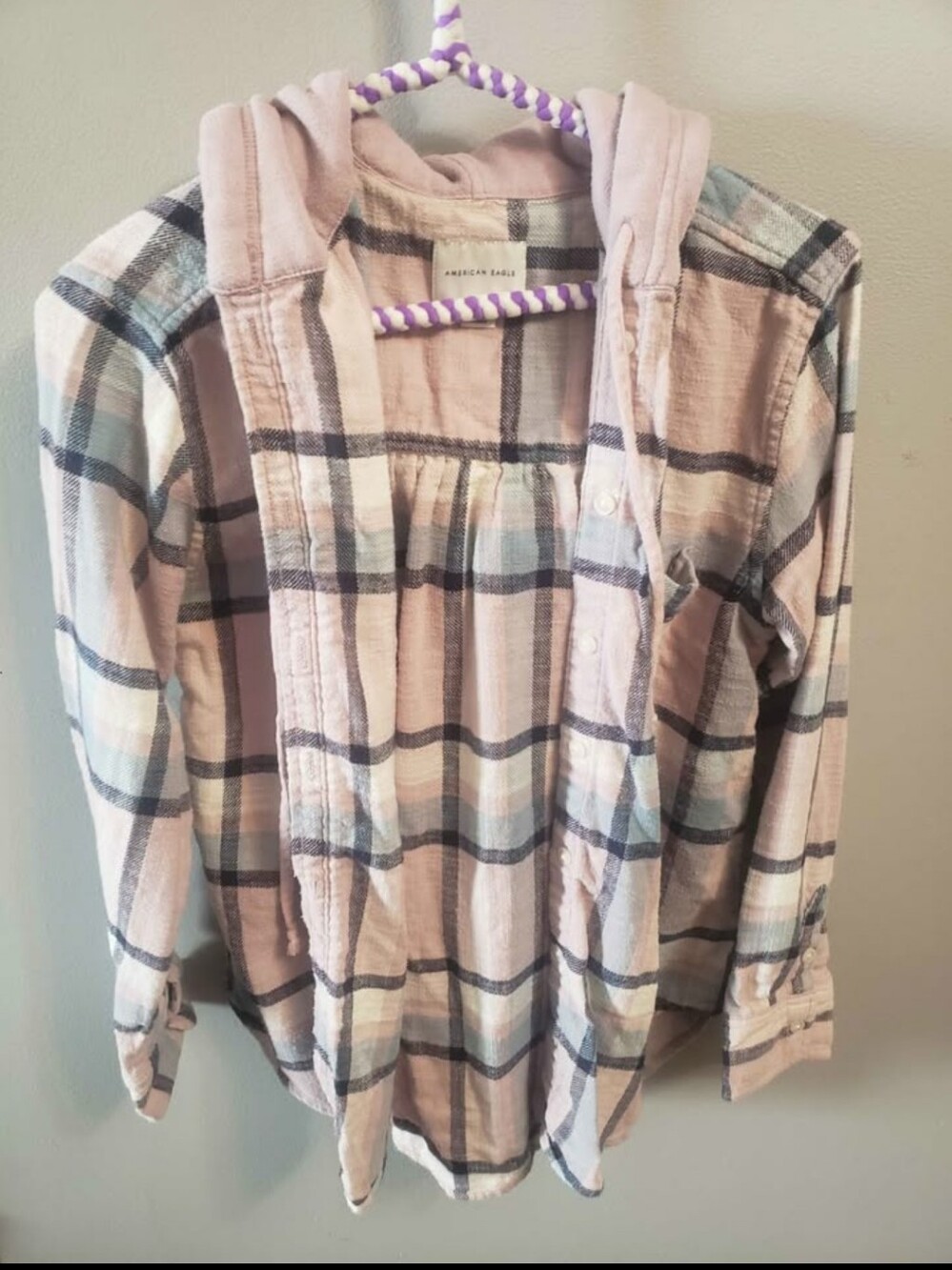 American Eagle Outfitters Pink Plaid Hooded Button-Down Shirt Jacket
